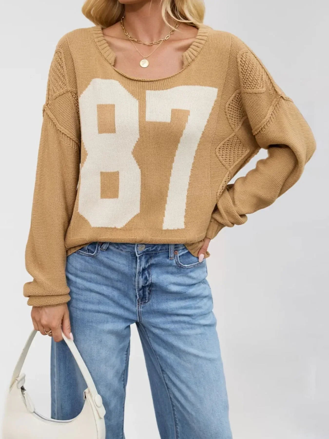Number 87 Oversized Cable Knit Sweater - DAVERRI FASHIONS