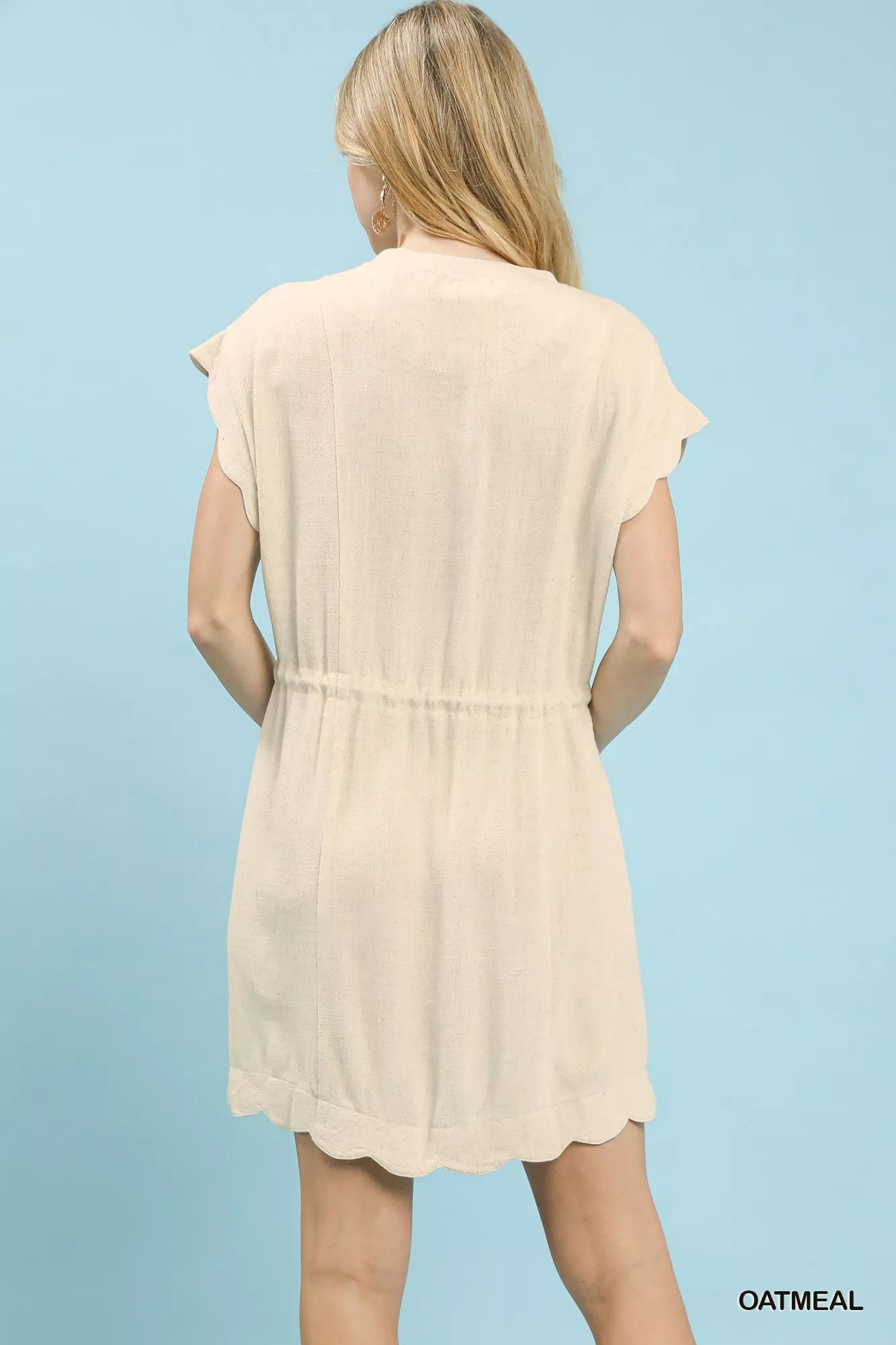Umgee linen blend scallop hem mini dress in oatmeal, lightweight with flutter sleeves