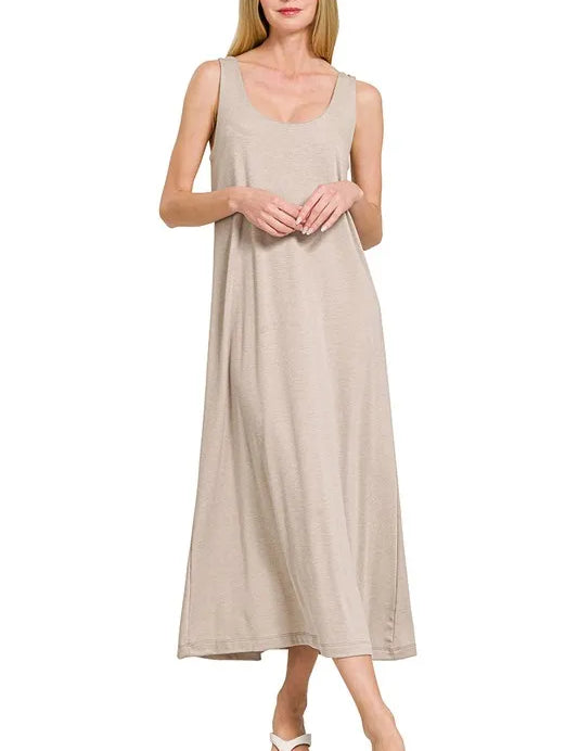 ASH MOCHA Zenana French Terry Twisted Strap Midi Dress | Daverri Fashions
