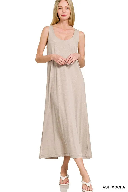 Zenana French Terry Twisted Strap Midi Dress ASH MOCHA