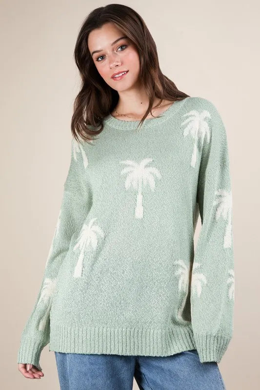 VERY J Palm Tree Graphic Oversized Knit Sweater Sweaters