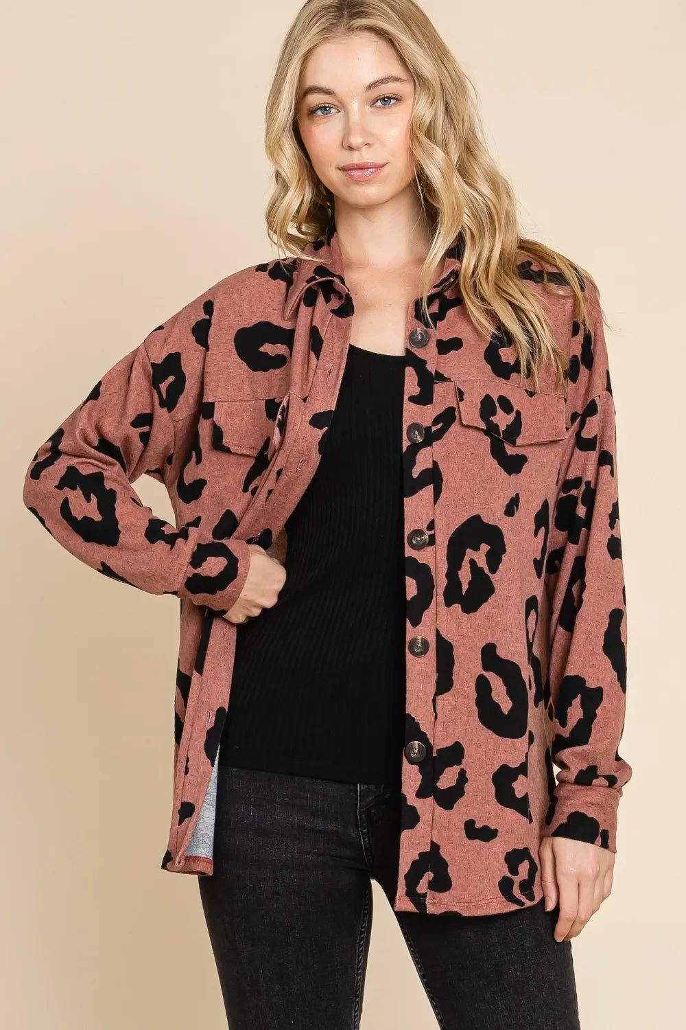 Leopard print corduroy shacket in dusty rose and black