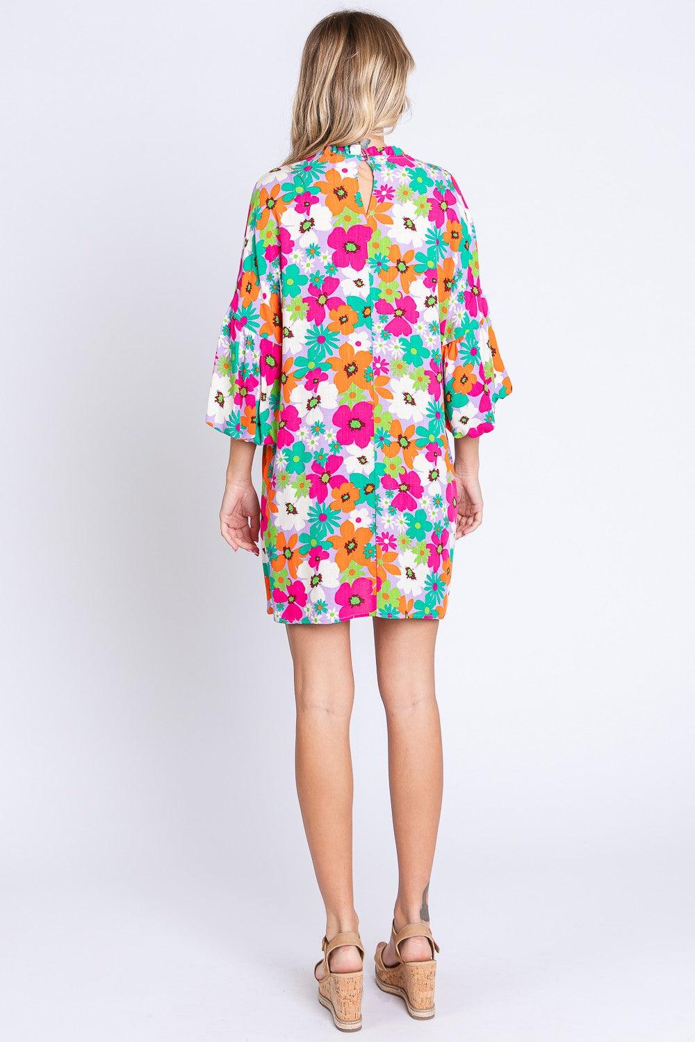 GeeGee Full Size Floral Round Neck Lantern Sleeve Mini Dress Mini Dresses