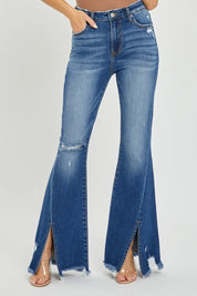 Dark RISEN Full Size High Rise Front Slit Frayed Hem Flare Jeans | Jeans Daverri Fashions