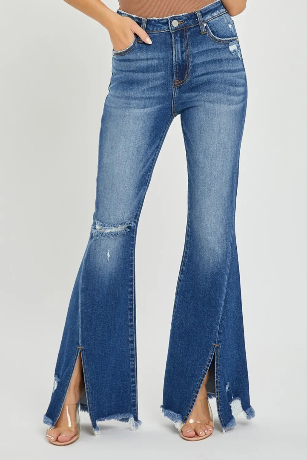 Dark RISEN Full Size High Rise Front Slit Frayed Hem Flare Jeans | Jeans Daverri Fashions