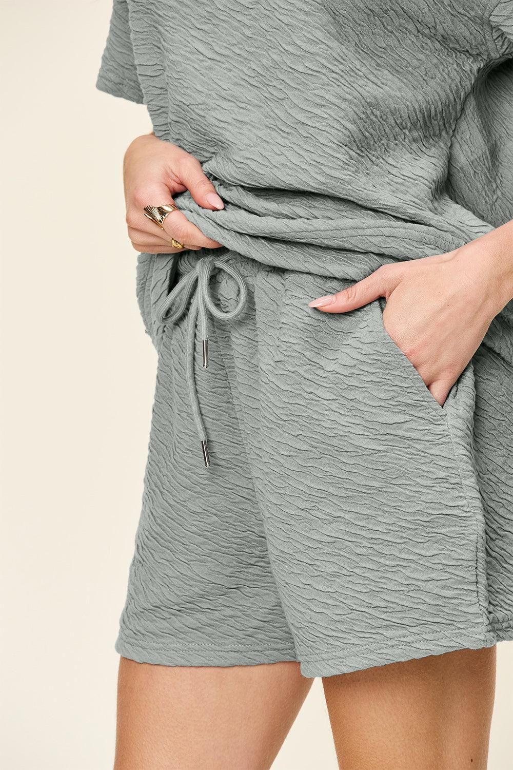 Double Take Full Size Texture Short Sleeve T-Shirt and Drawstring Shorts Set Outfit Sets