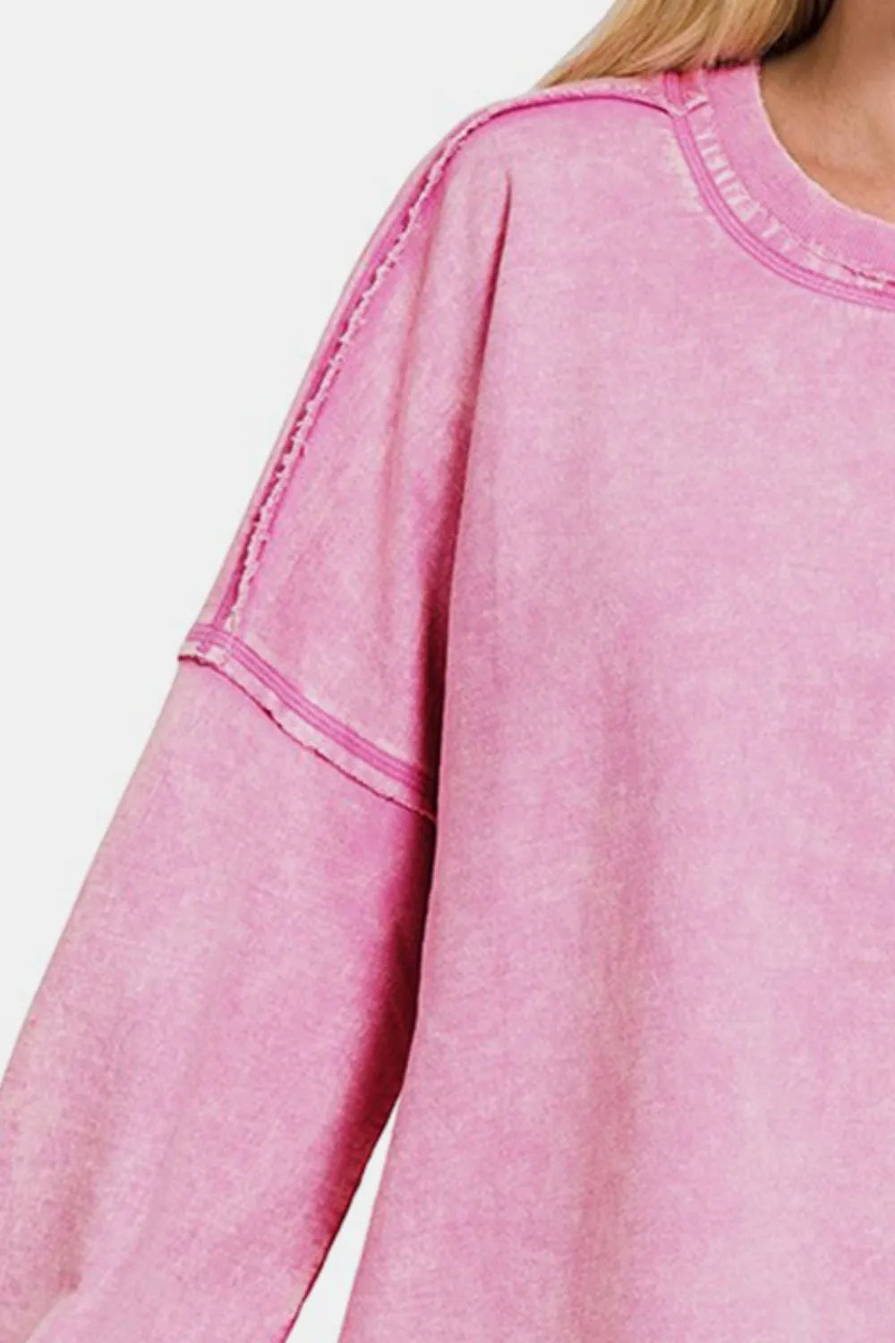 Zenana Exposed Seam Round Neck Dropped Shoulder Sweatshirt | Daverri Fashions