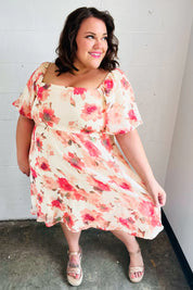 Peach Floral Chiffon Puff Sleeve Dress | Daverri Fashions
