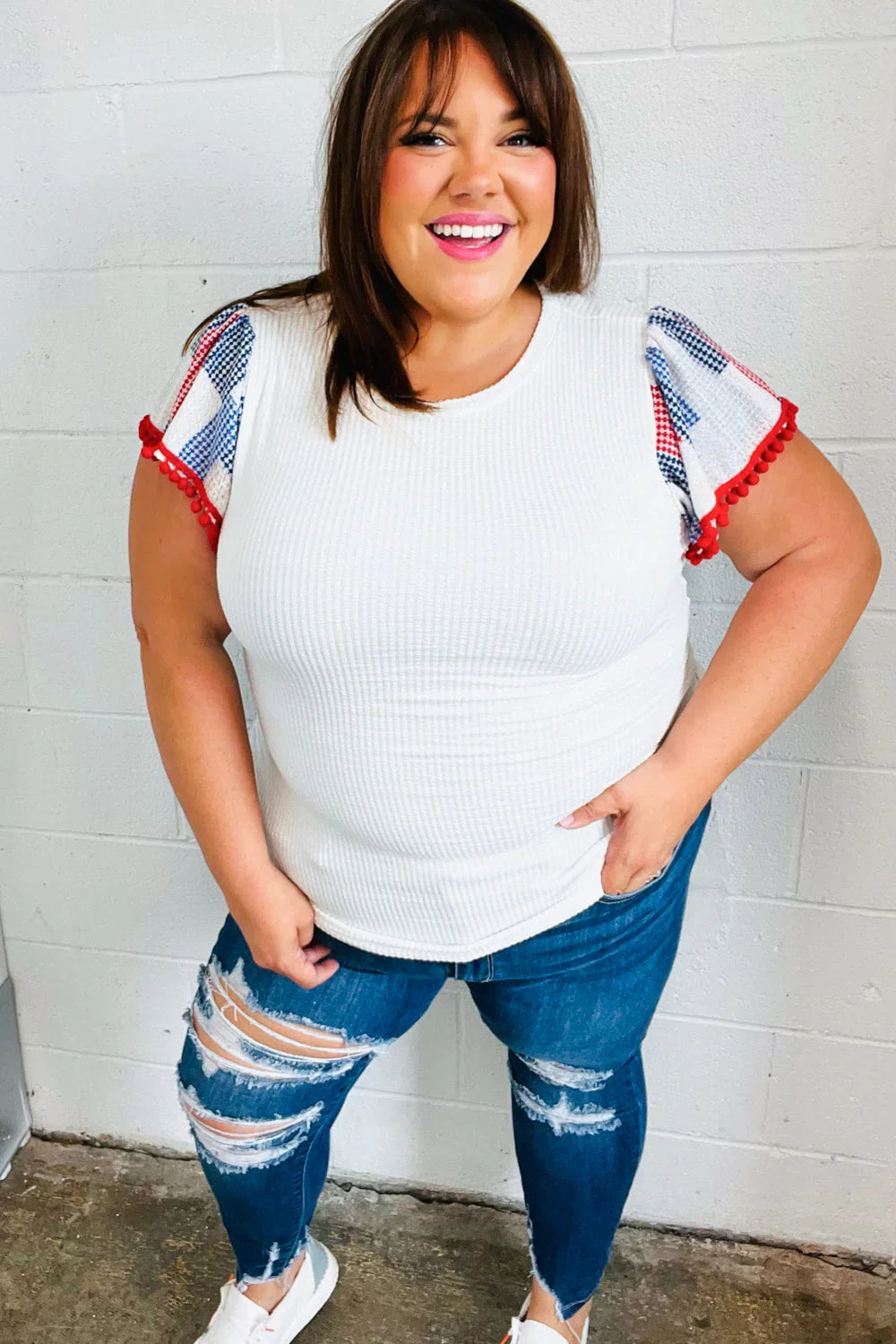 Patriotic Pom Pom Lace Flutter Sleeve Top | 2024 Blow-Out Sale Daverri Fashions