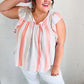 Coral & Light Blue Stripe Waffle Tie Neck Top - DAVERRI FASHIONS
