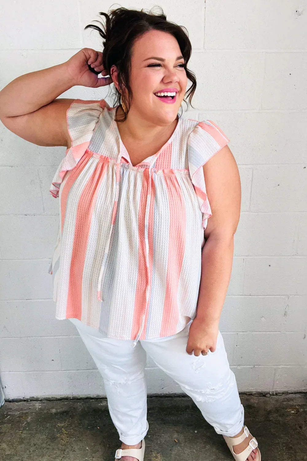 Coral & Light Blue Stripe Waffle Tie Neck Top - DAVERRI FASHIONS