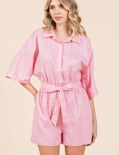 Mittoshop Tie Waist Half Sleeve Romper Pink