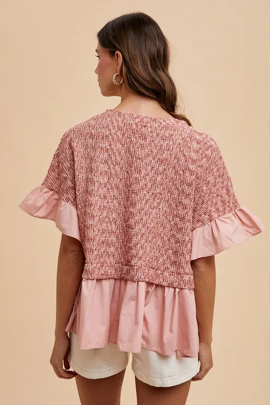 Annie Wear Mix Media Ruffle Textured Knit Top