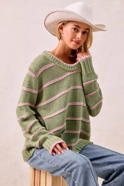 BiBi Striped Long Sleeve Sweater | Sweaters Daverri Fashions