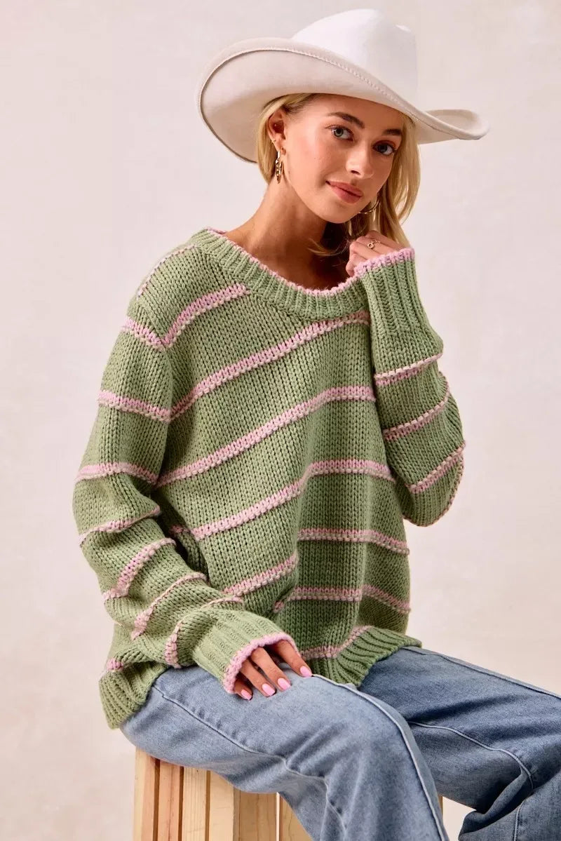 BiBi Striped Long Sleeve Sweater - DAVERRI FASHIONS