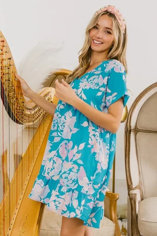 BiBi Floral Crinkle Shirred Ruffle Detail V Neck Dress - DAVERRI FASHIONS