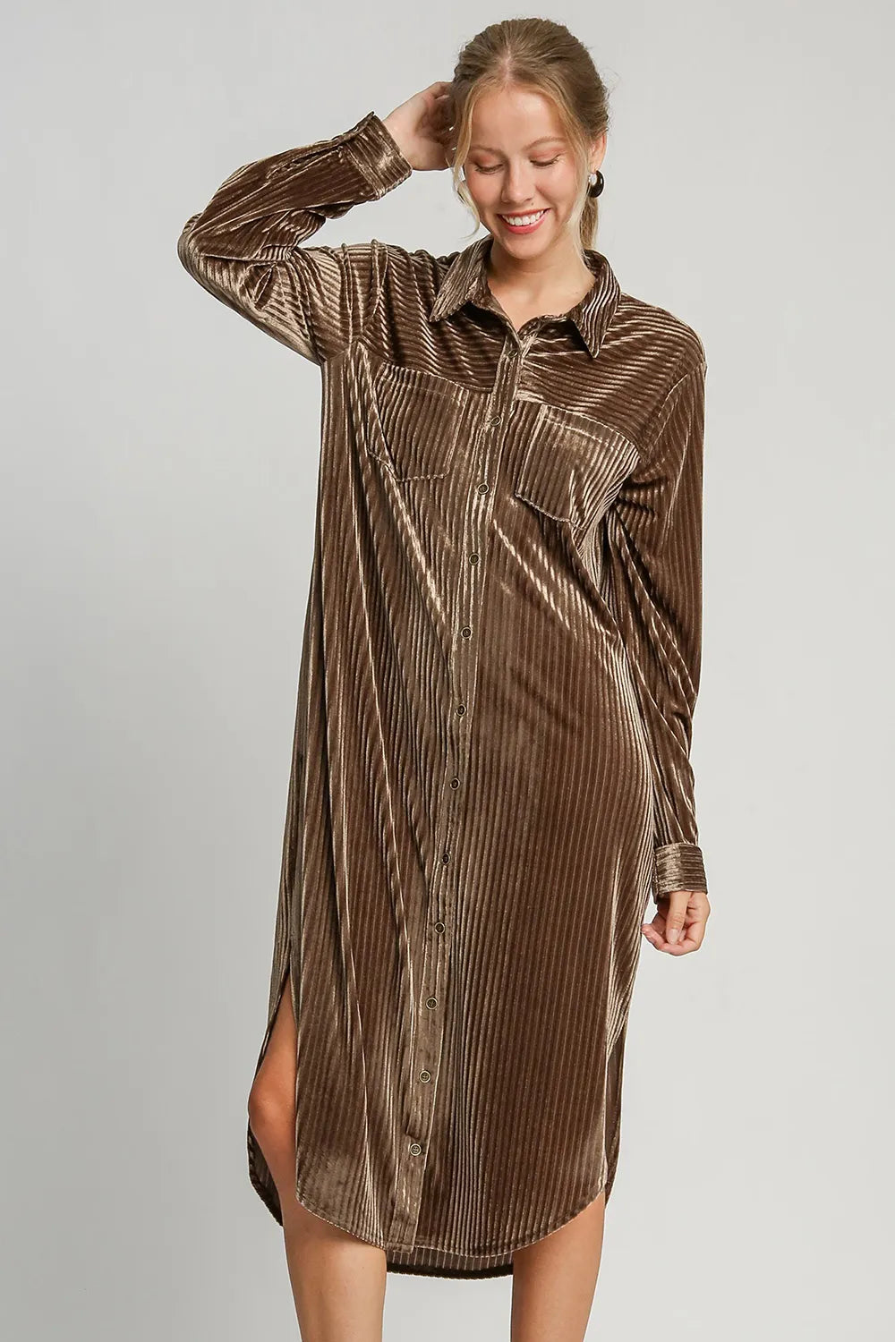 Umgee Texture Curved Hem Button Down Shirt Dress | Daverri Fashions