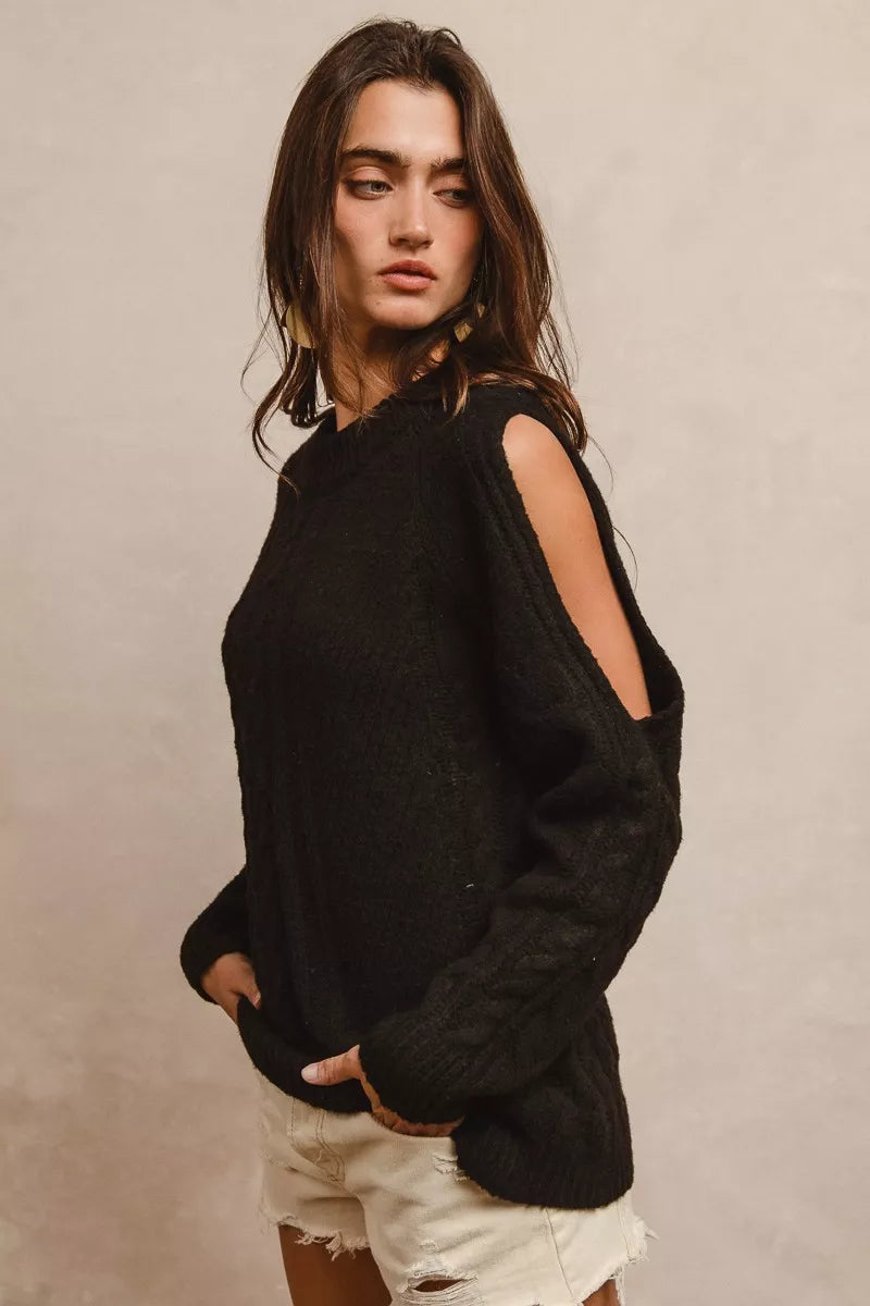 BiBi Twist black oversized knit sweater with open shoulder cut-outs
