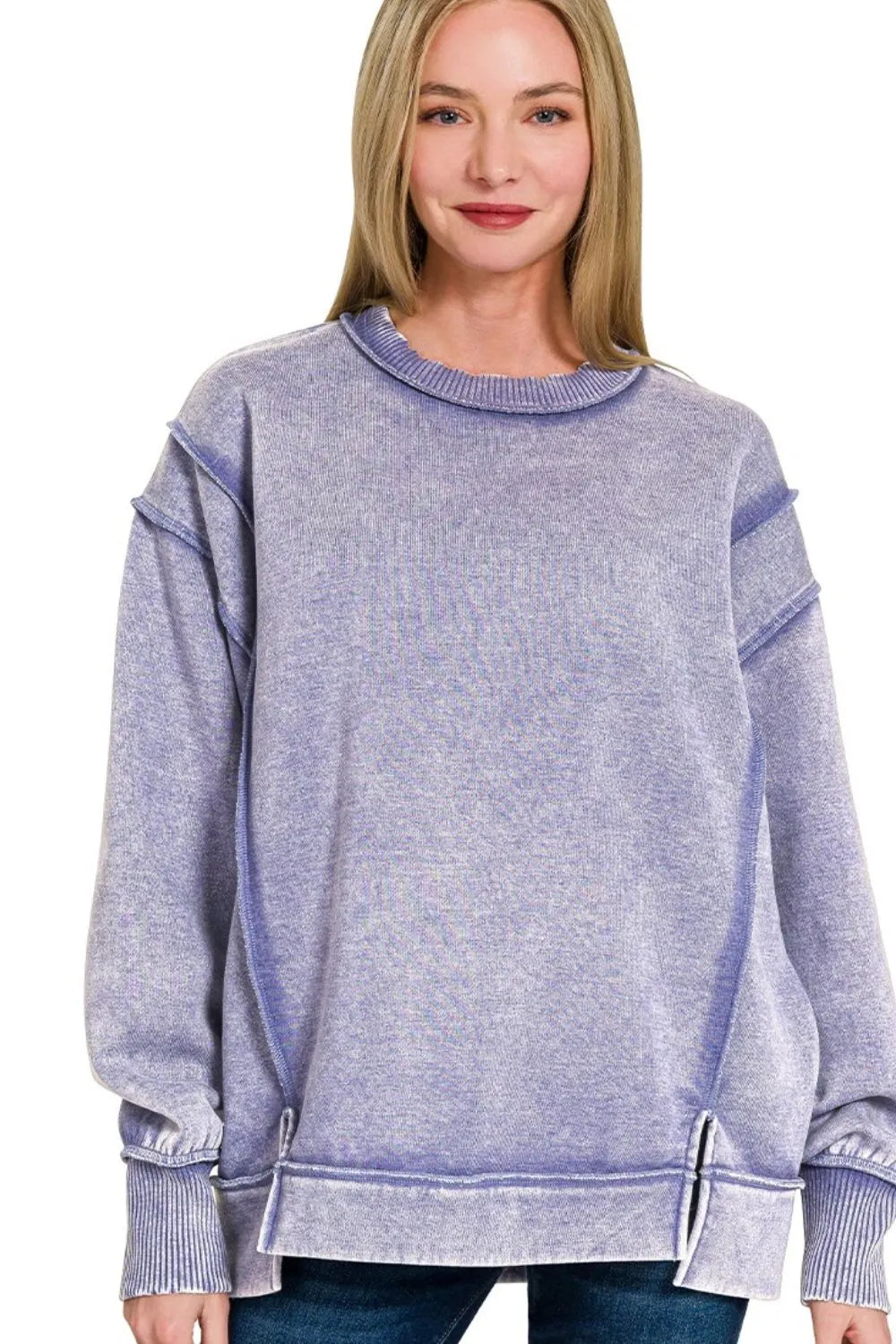 Zenana Acid Wash Exposed-seam Fleece Sweatshirt MARLIN Sweatshirts