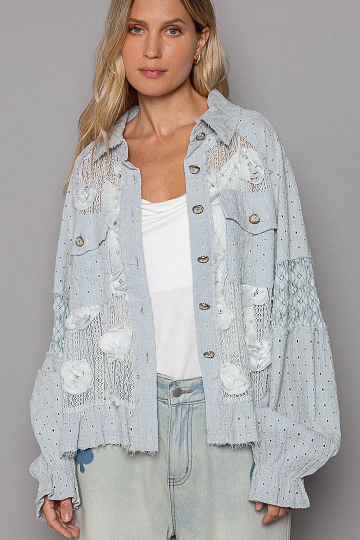 POL Eyelet Flower Pearl Detail Lace Patchwork Shirt Powder Blue