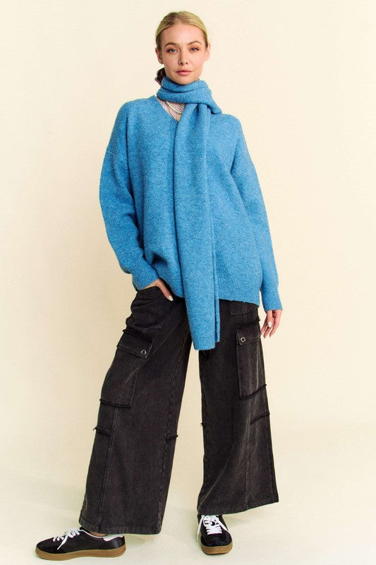 Davi & Dani V-Neck Dropped Shoulder Sweater with Scarf Cerulean Tops