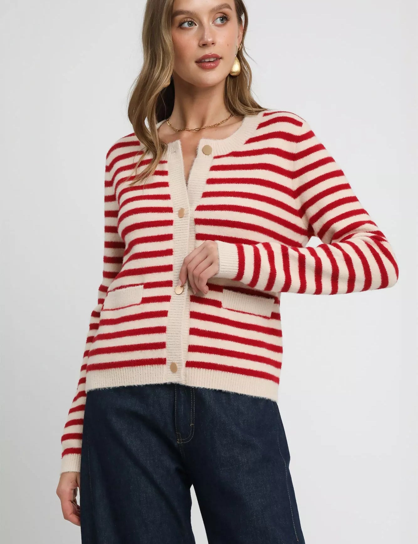 RED Umgee Striped Knit Button-Up Cardigan | Cardigans Daverri Fashions