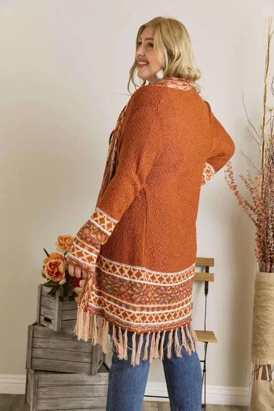 ADORA Plus Size Fringe Hem Aztec Border Cardigan - DAVERRI FASHIONS