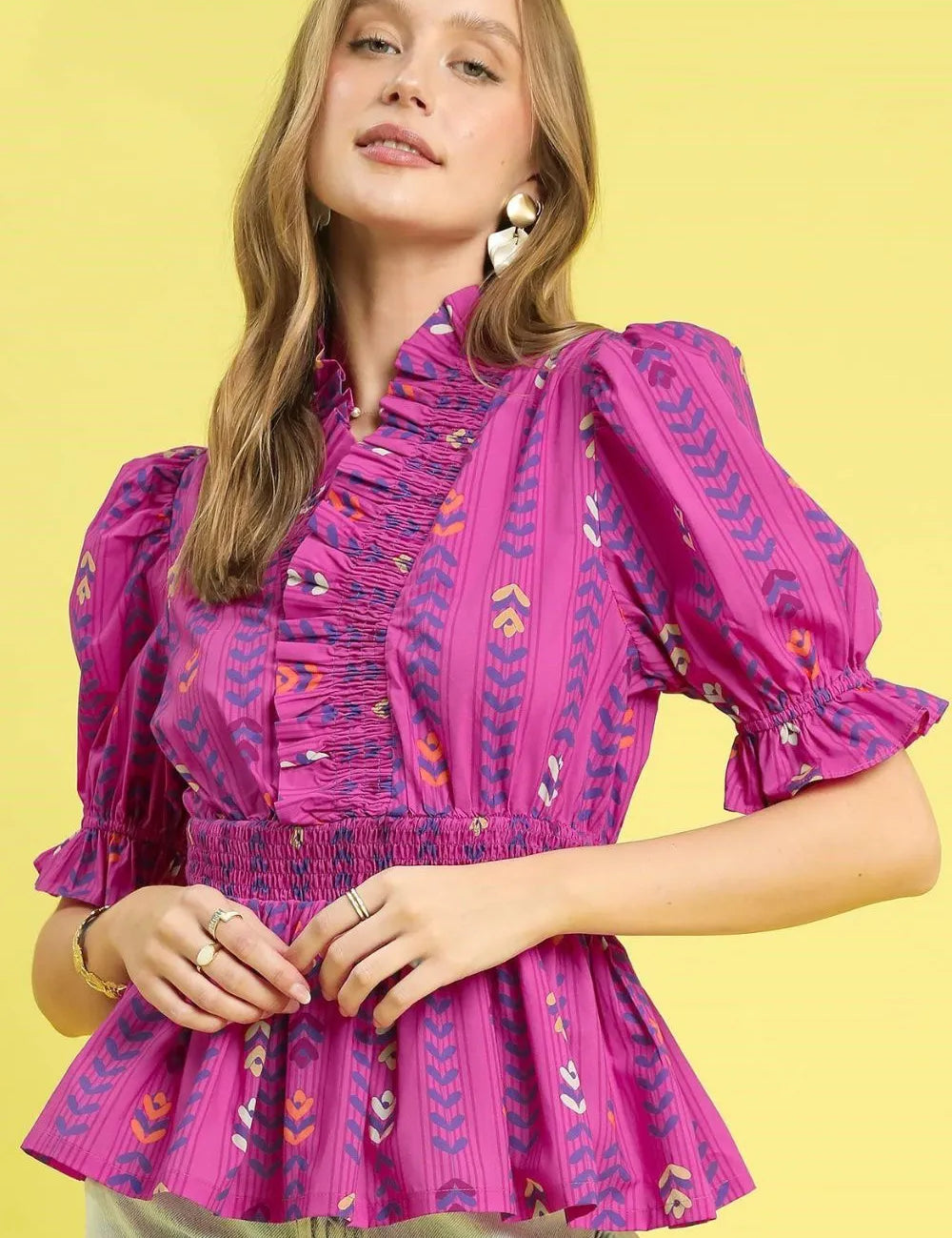 Umgee Printed Half Sleeve Peplum Blouse | Daverri Fashions