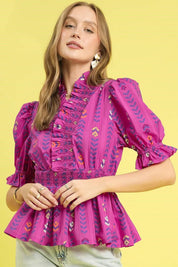 Umgee Printed Half Sleeve Peplum Blouse | Daverri Fashions