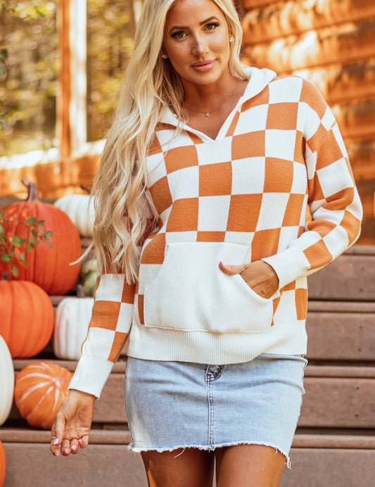 Gold Flame Lila Checkered Kangaroo Pocket Hooded Sweater | Sweaters Daverri Fashions