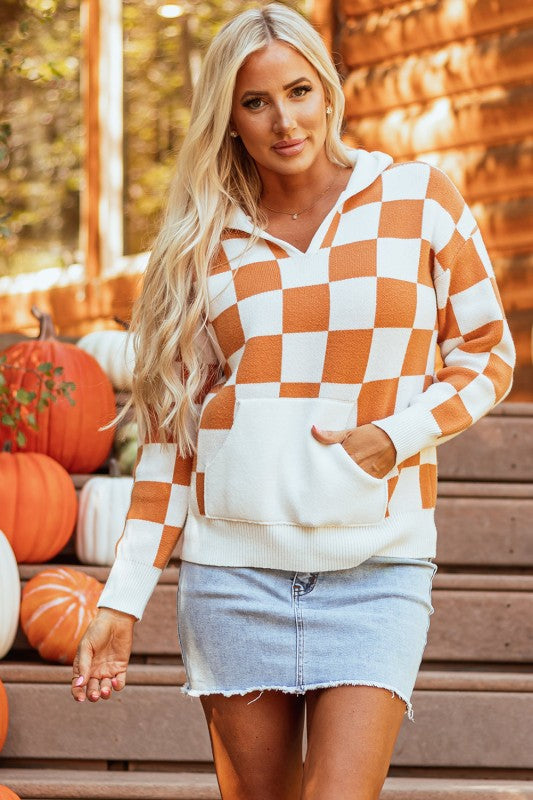 Gold Flame Lila Checkered Kangaroo Pocket Hooded Sweater | Sweaters Daverri Fashions