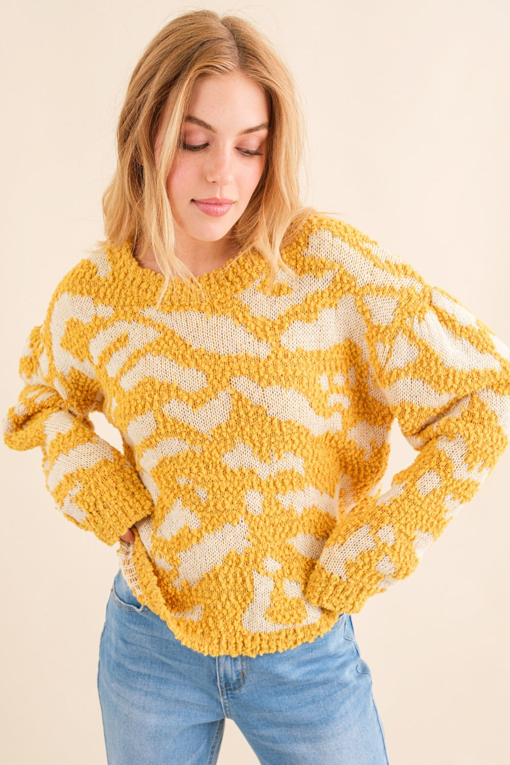 And The Why Full Size Textured Pattern Contrast Sweater Mustard Sweaters