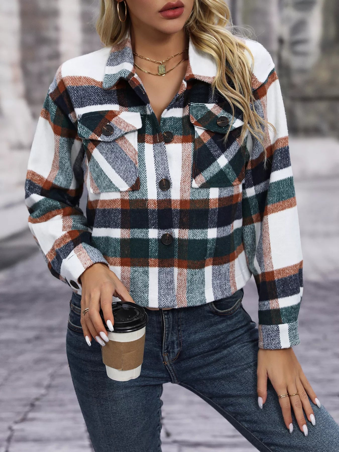 Plaid Oversized Button-Up Cropped Jacket | Jackets Daverri Fashions