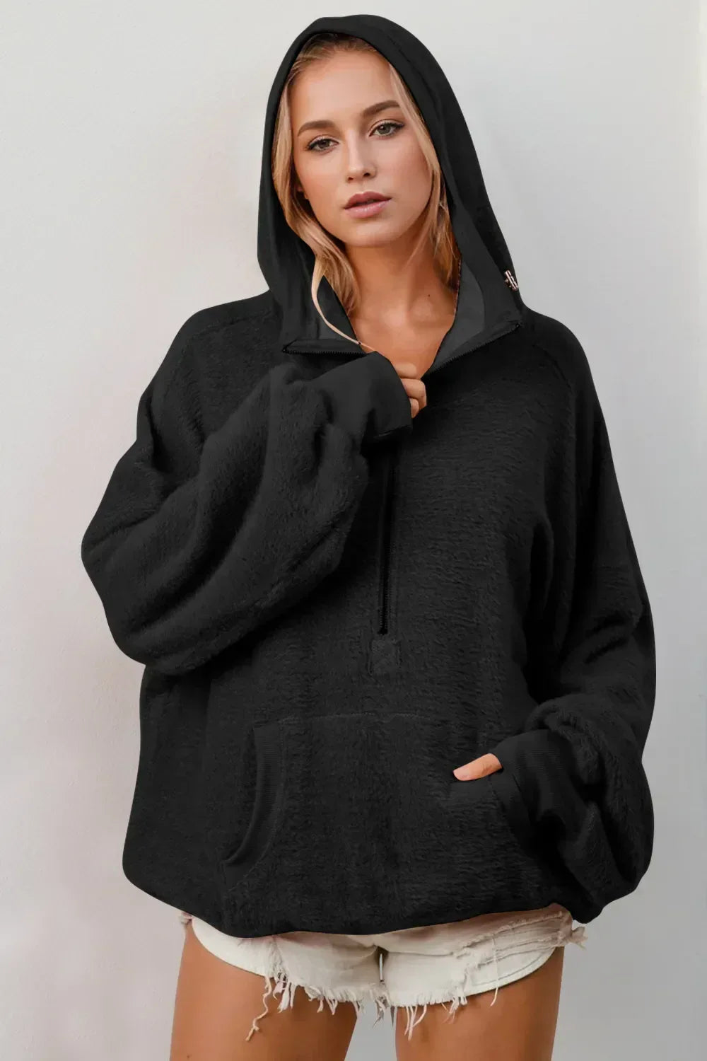 Double Take Full Size Half Zip Long Sleeve Hoodie with Kangaroo Pocket - DAVERRI FASHIONS