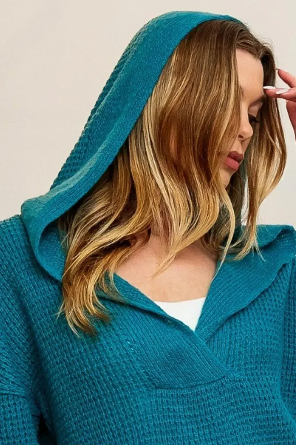 BiBi Raw Edge Detail V-Neck Sweater Hoodie - DAVERRI FASHIONS