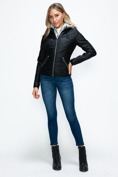 YMI Faux Layered Double-Zipper Jacket with Fuzzy Hood