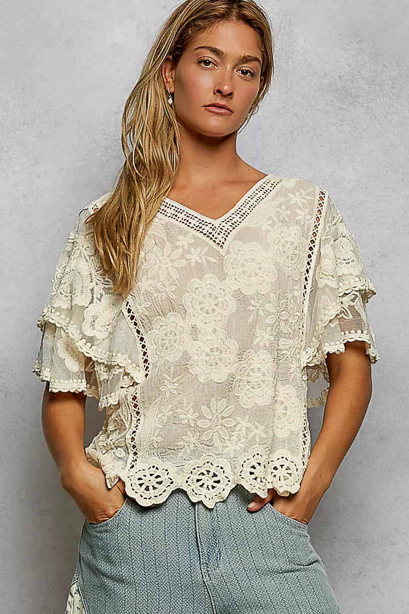 Delicate off-white POL Floral Crochet V-Neck Blouse with ruffled sleeves