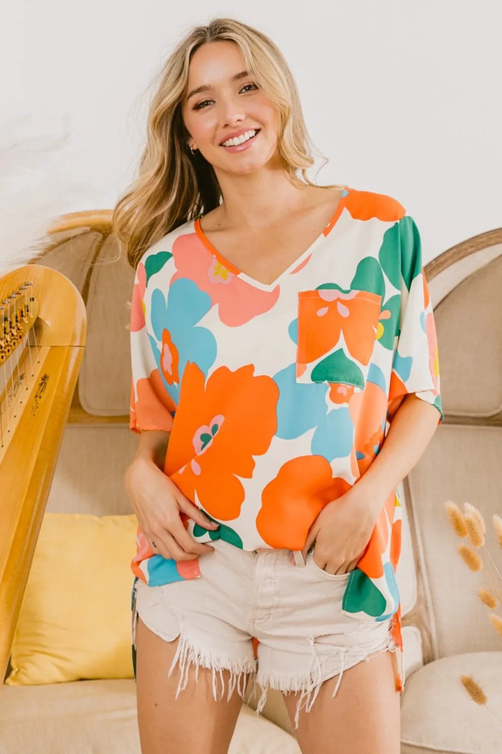 BiBi Floral V Neck Slit Side T-Shirt T Shirts