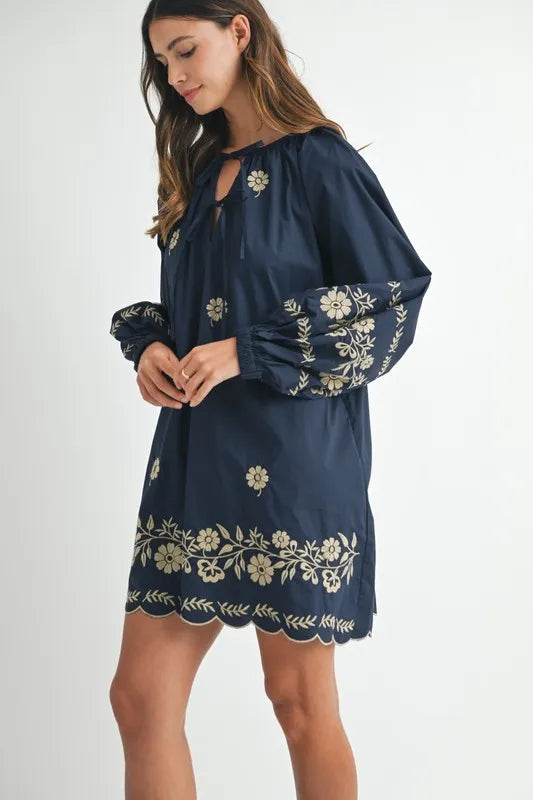 MABLE Embroidered Long Sleeve Peasant Mini Dress Mini Dresses
