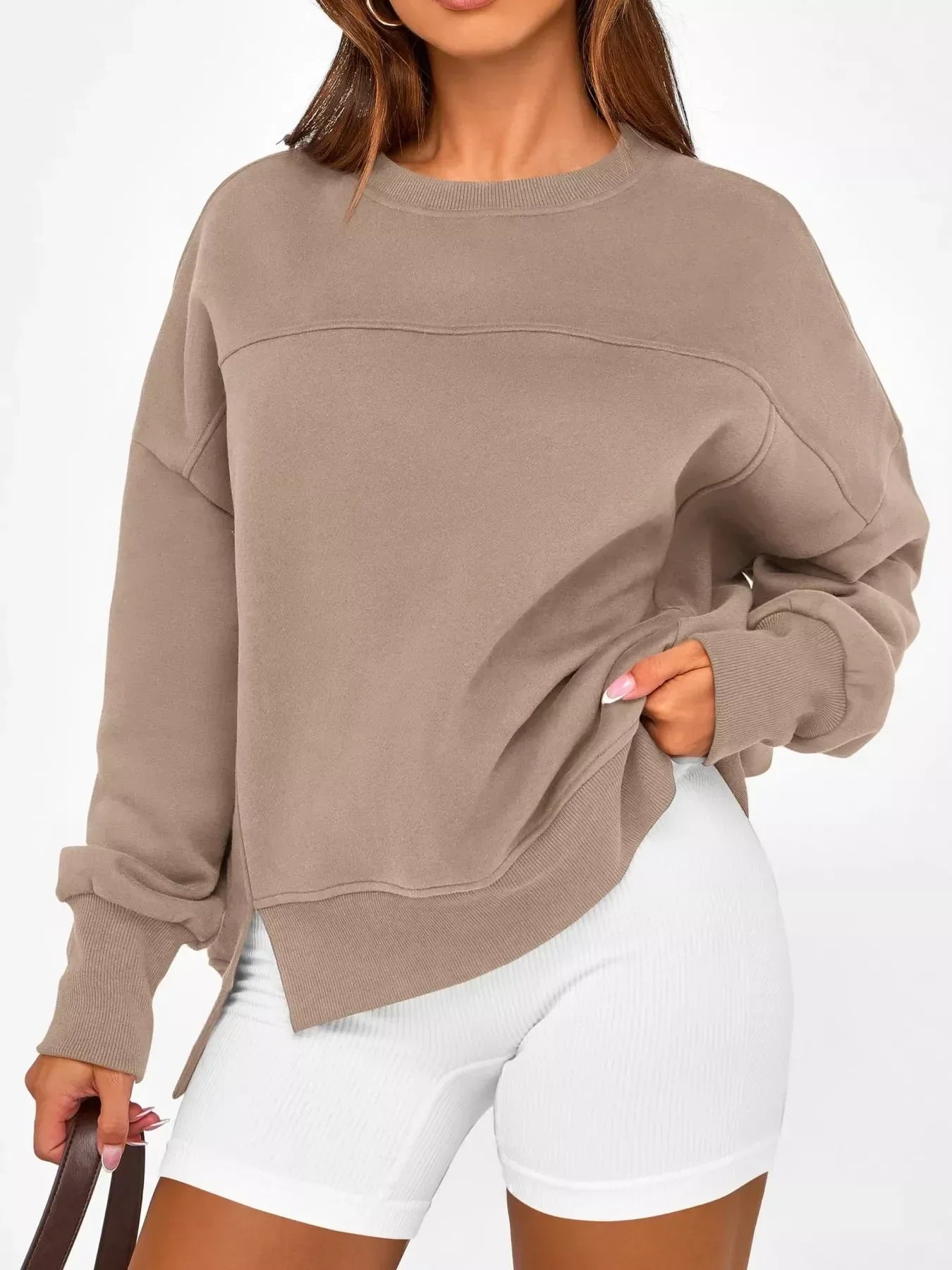 Slit Round Neck Dropped Shoulder Sweatshirt - DAVERRI FASHIONS