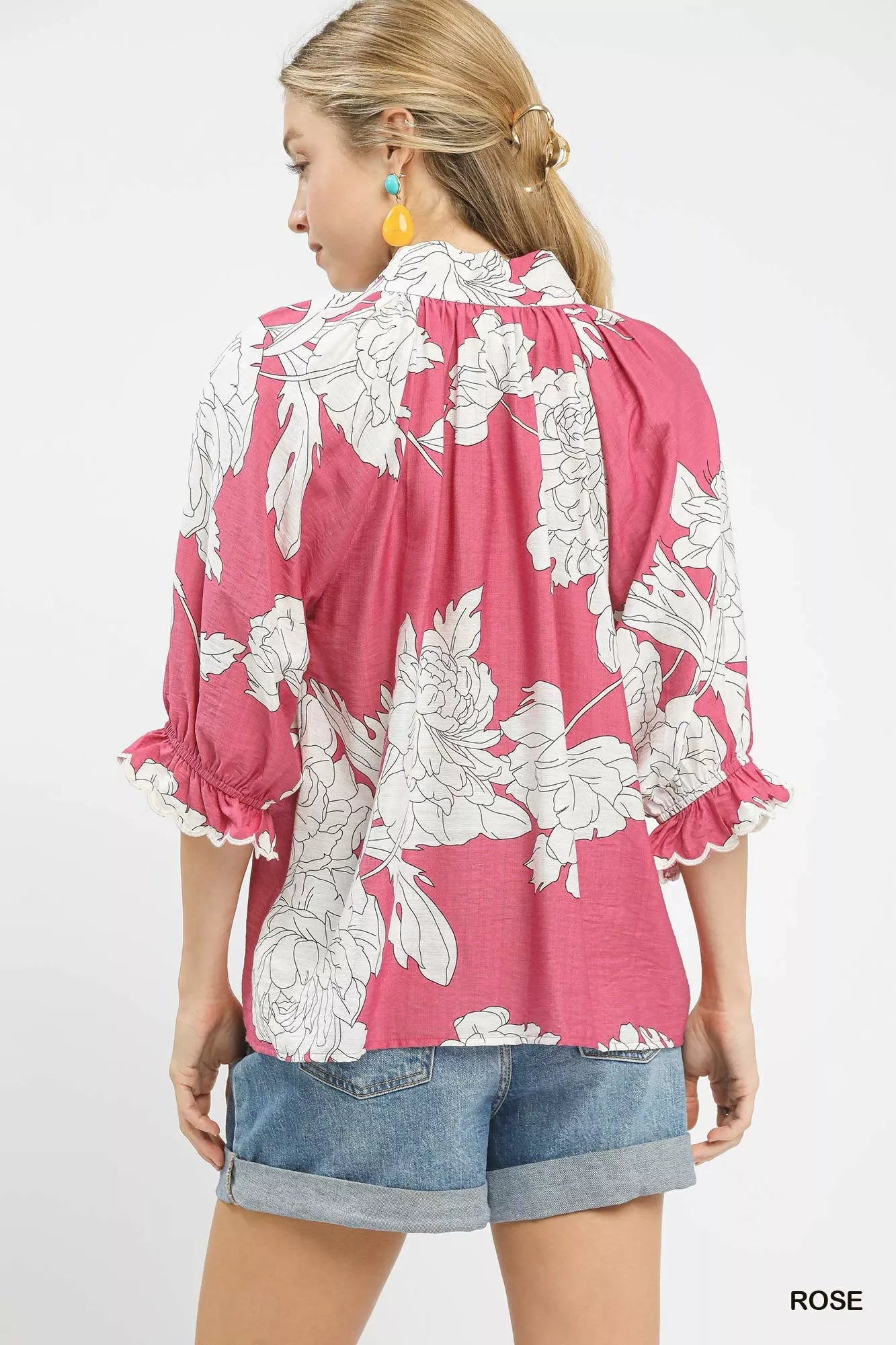 Umgee Peony Illustration Print Flounce Sleeve Blouse | Blouses Daverri Fashions