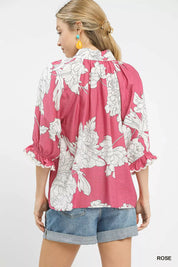 Umgee Peony Illustration Print Flounce Sleeve Blouse | Blouses Daverri Fashions