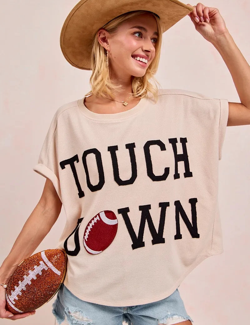 OATMEAL BLACK BiBi Game Day Touchdown Letter Patches Waffle Short Top | Tops Daverri Fashions