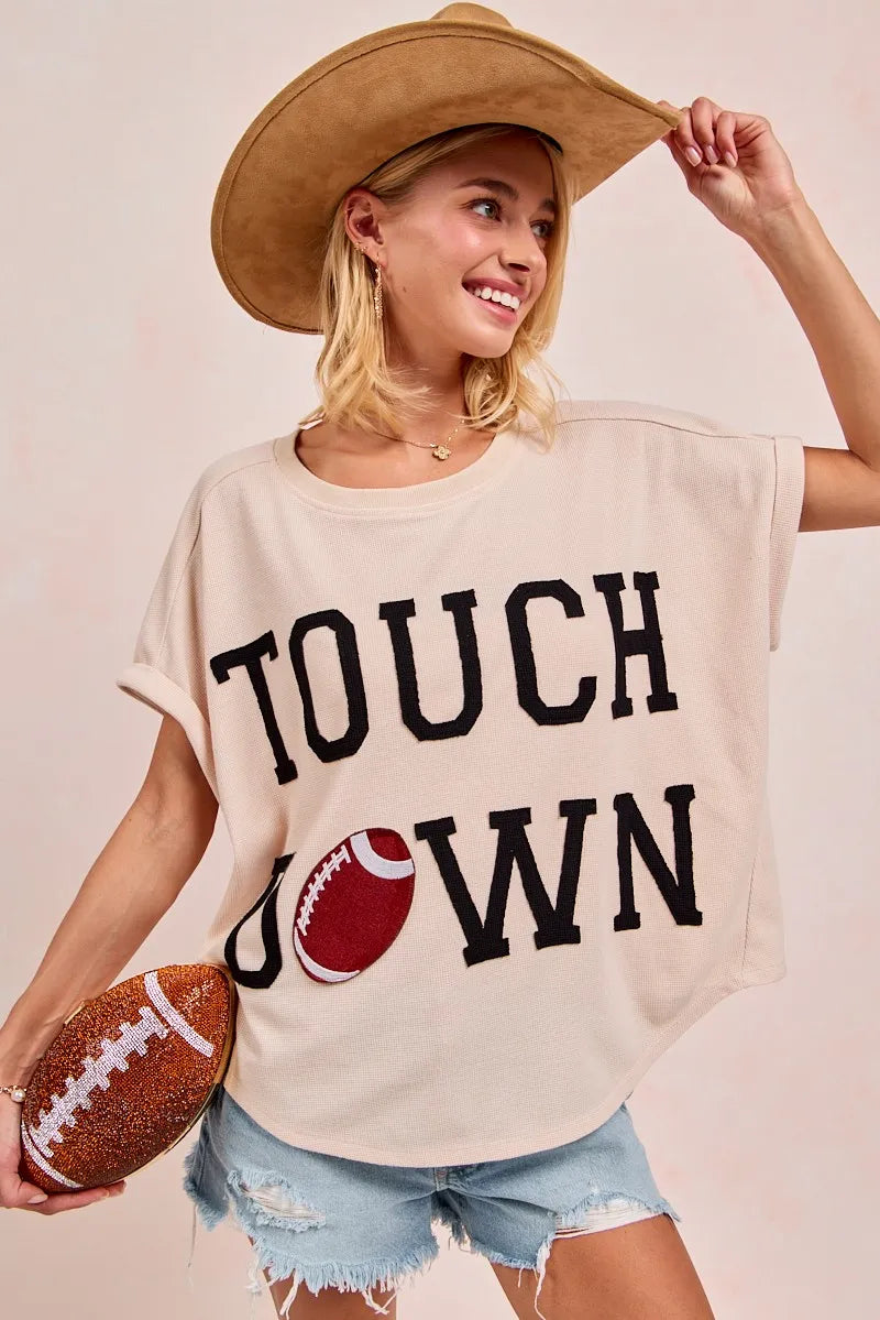 BiBi Game Day Touchdown Letter Patches Waffle Short Top OATMEAL BLACK