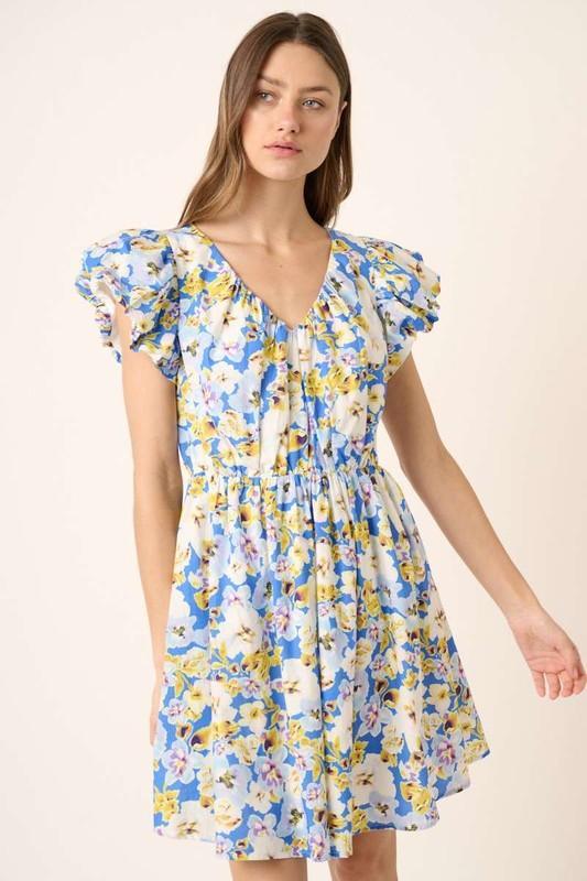 Mittoshop Floral V-Neck Cap Sleeve Mini Dress - DAVERRI FASHIONS