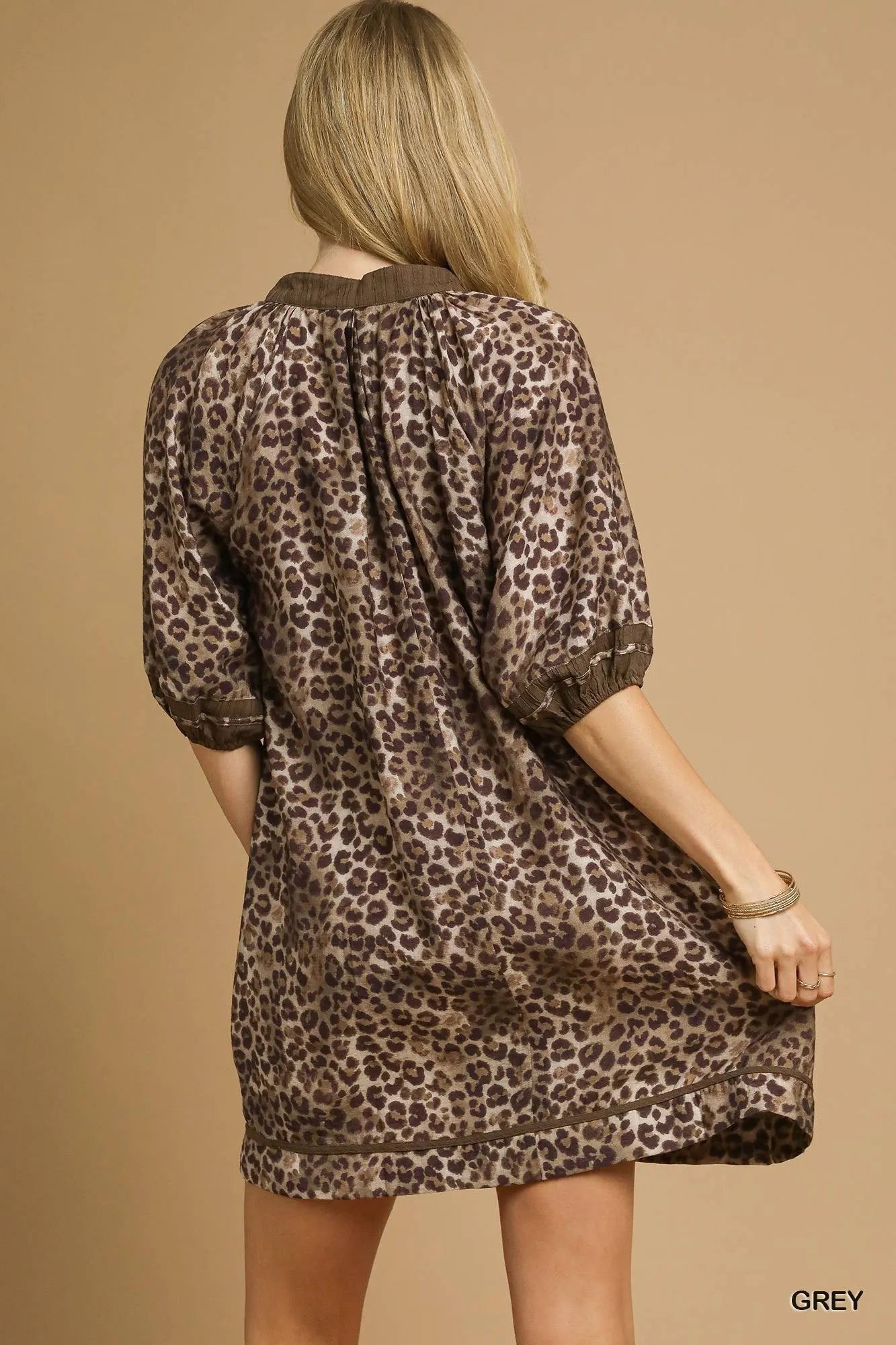 Umgee Full Size Leopard Print Mini Dress with Contrast Trim Plus Size Mini Dresses