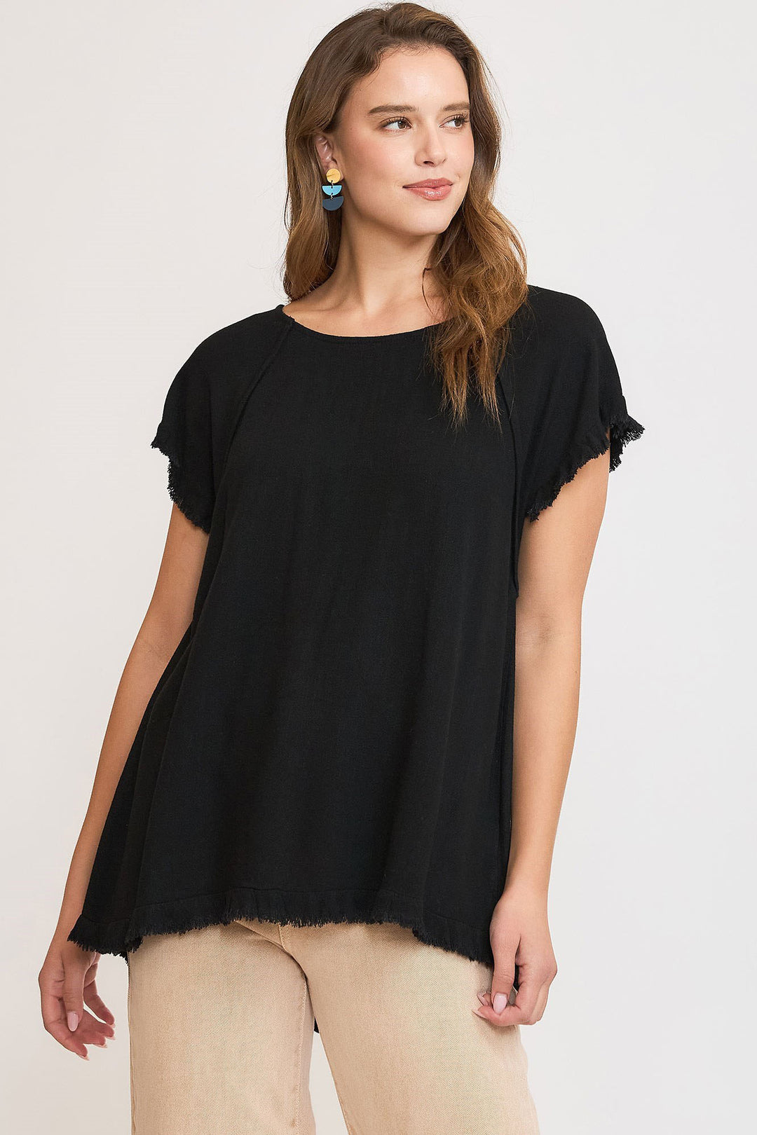 Umgee Full Size Seam Detail Linen Ruffle Fringe Edge Top Plus Size Black Tops