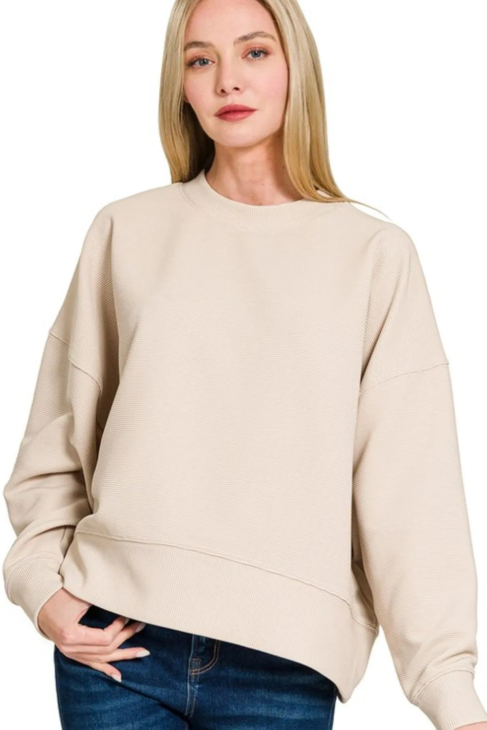 Zenana Ribbed Balloon Sleeve Sweatshirt SAND BEIGE Sweatshirts
