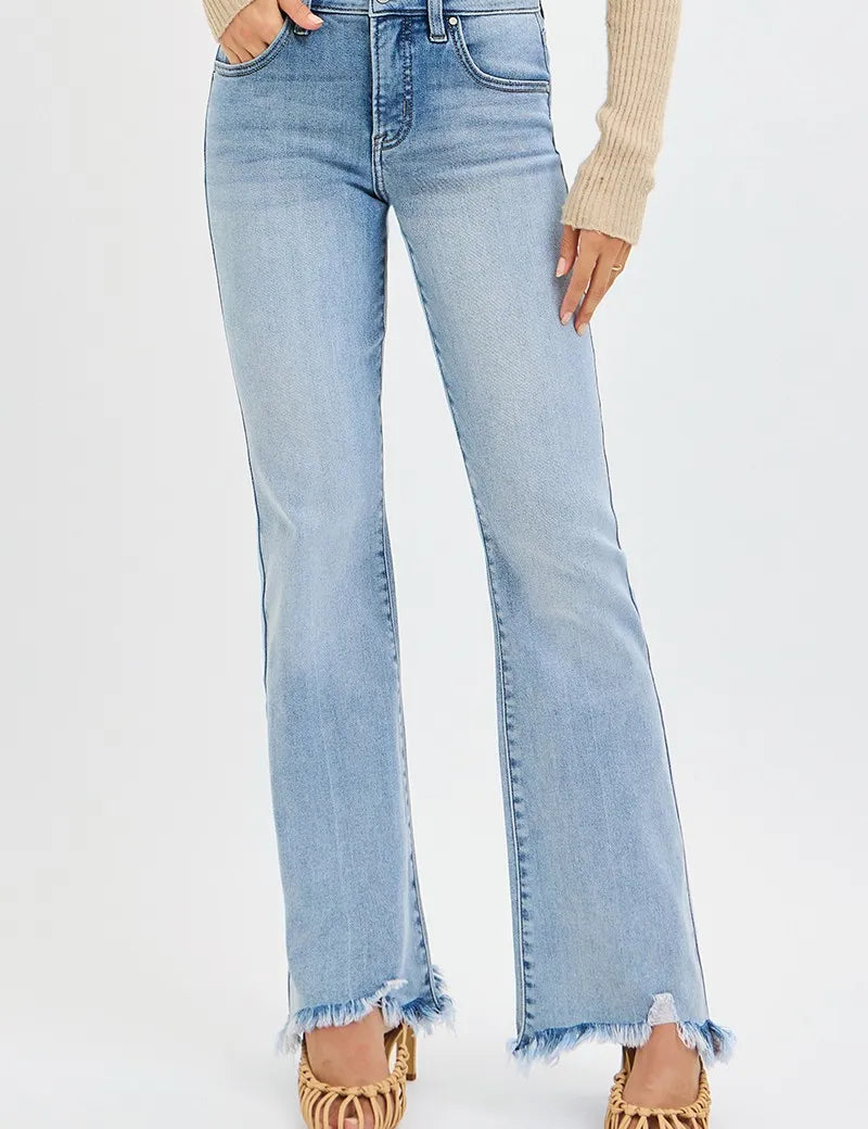 MEDIUM RISEN Full Size Tummy Control Mid Rise Flare Jeans with Fray Hem Detailed Plus Size | Jeans Daverri Fashions