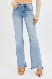 MEDIUM RISEN Full Size Tummy Control Mid Rise Flare Jeans with Fray Hem Detailed Plus Size | Jeans Daverri Fashions